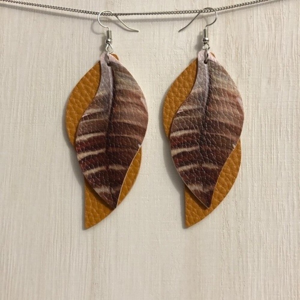 Earth Tone Two Layer PU Leather Feather Leaf Earrings